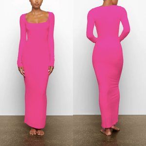 SKIMS hot pink long sleeve square neck ribbed Soft Lounge Maxi Dress- NWOT